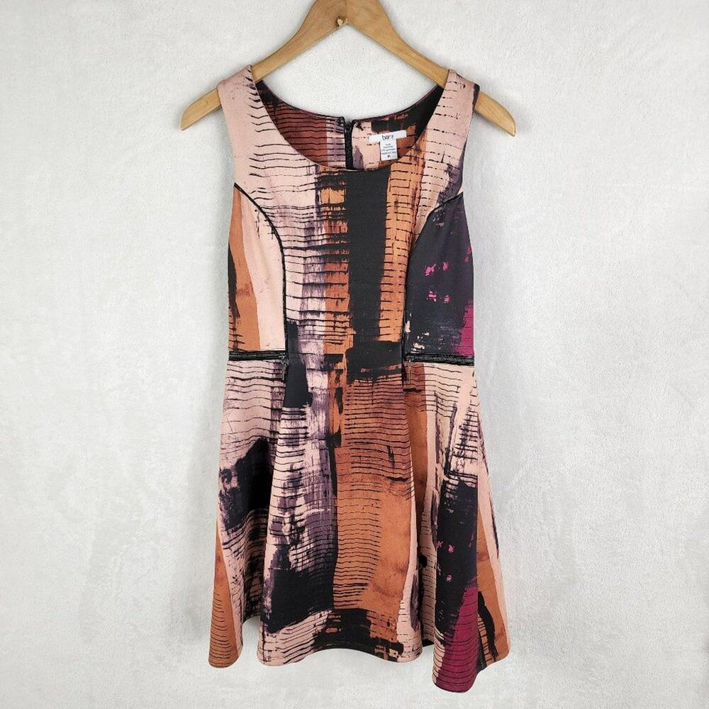 Bar III Fit & Flare Dress Women M Scuba Pink Peach Patterned Zip & Faux Leather